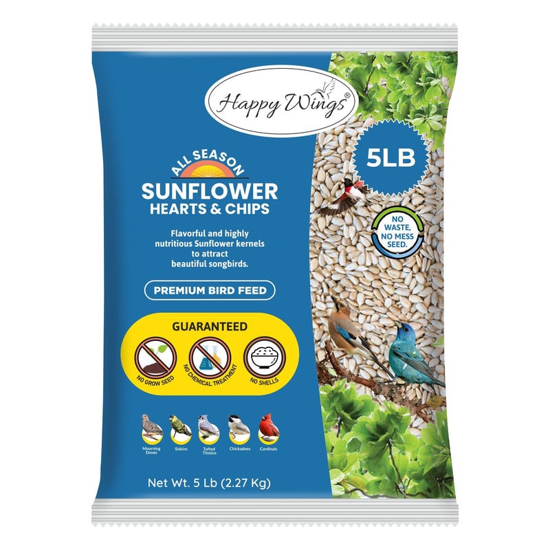 Happy Wings Sunflower Hearts & Chips - Sunflower Kernels and Chips Bird Food - 5 Lb No Mess, No Waste I No Grow Seed | Bird Seed for Wild Birds - Image 1